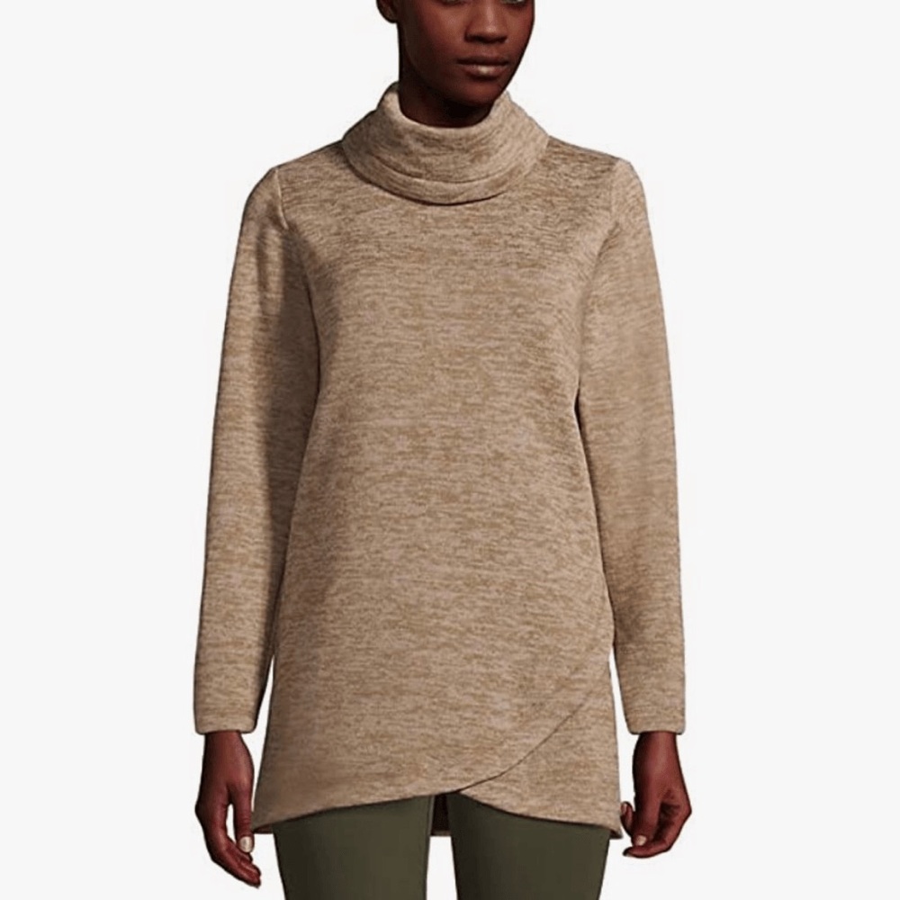 Sz M Lands' End camel tan heathered Sweater Fleece Tunic Cowl Neck Pullover